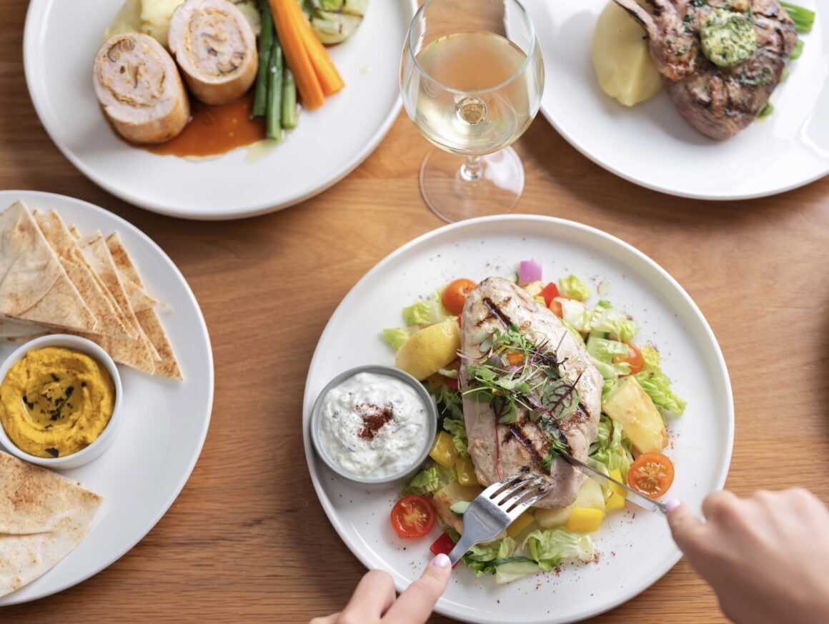 A top down view of dishes on a table